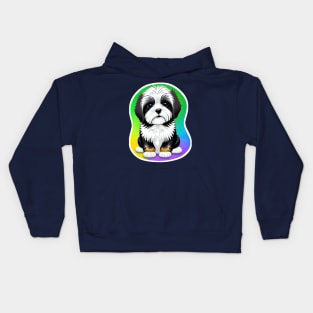 A Cute Havanese Puppy Dog with Black & White Markings and a Brown Trim with a Rainbow Color Background Kids Hoodie